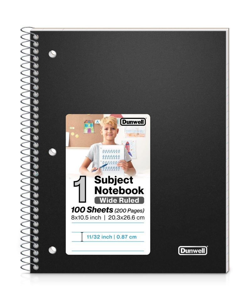 Dunwell 1 Subject Spiral Notebook (Black), Plastic Cover, 100 Sheets (200 Pages) 8x10.5 Paper, Wide Ruled for Easy Writing, 3-Hole Punched Perforated Pages, Poly Pocket Dividers - Image 1